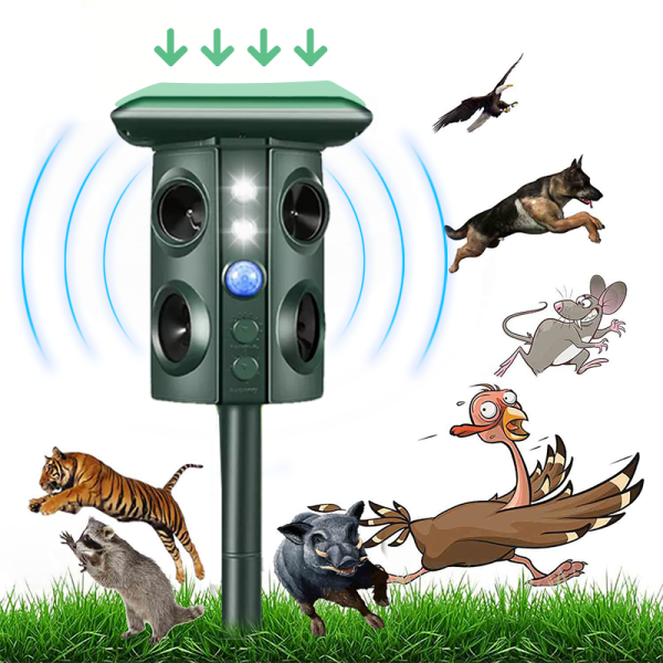 Solar Panel Ultrasonic Animal Repeller – Anti Cat, Dog, Bird, Snake & Mice with 4-Speaker Design